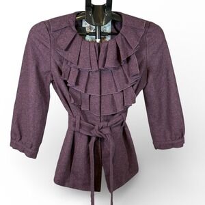 Tabitha Anthropologie Purple Wool Blend Ruffle Belted Jacket Size 2 Snap Front